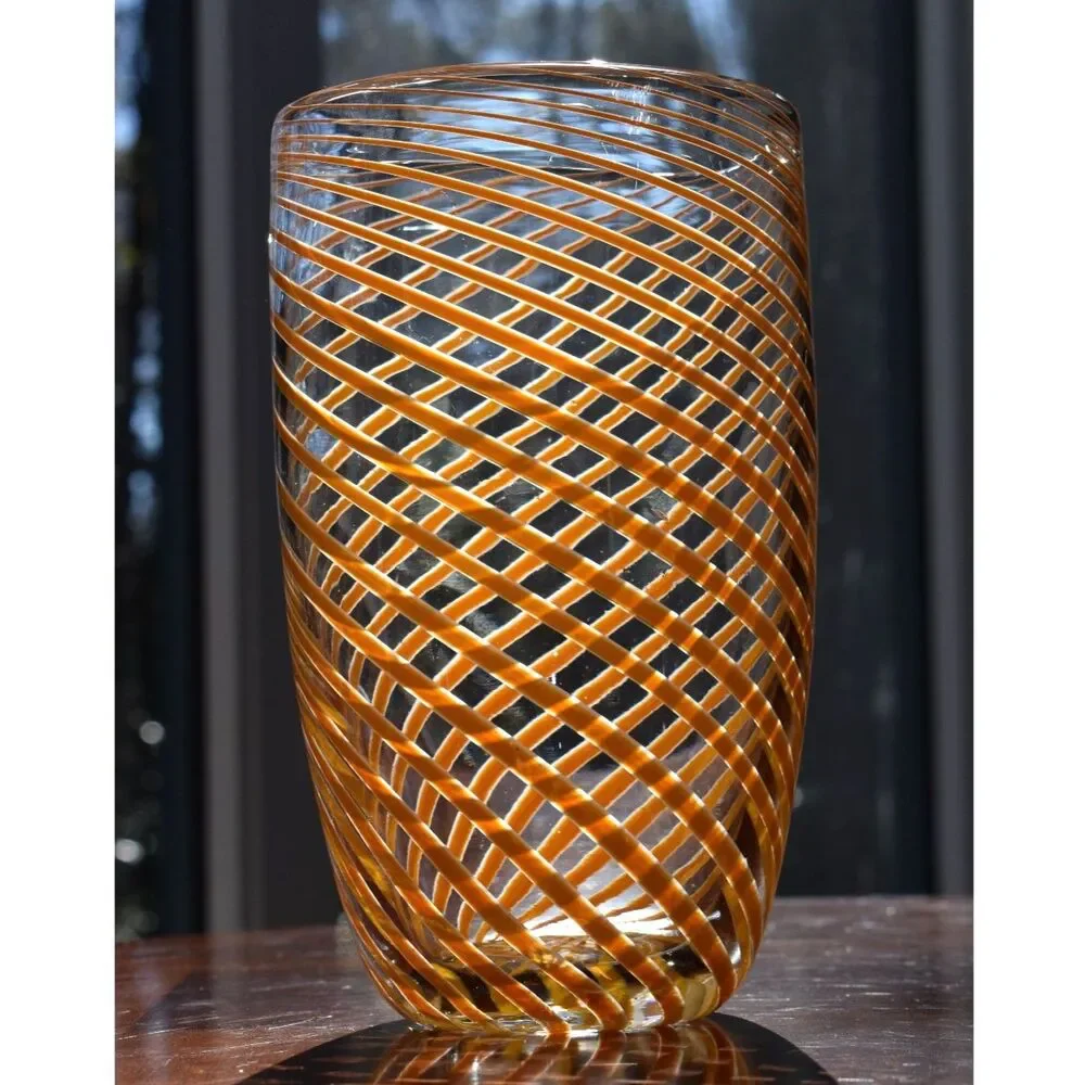 Tall Mid-Century Orange Spiral Stripe Murano Glass Vase